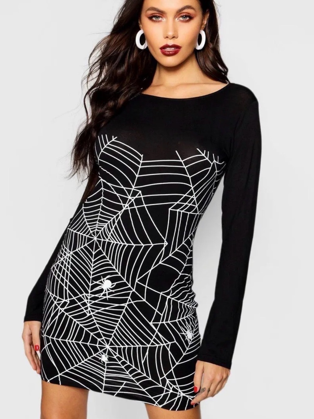 Boohoo Black Long Sleeve Bodycon mini Dress with White glow Spiderweb Print